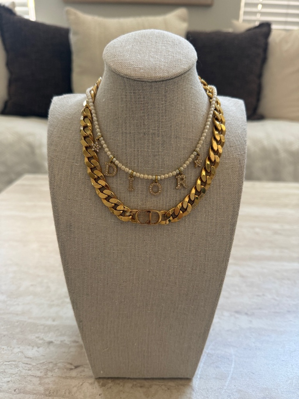Dior Gold-Tone Double Layer Necklace with Letter Charms - 2 necklaces / package